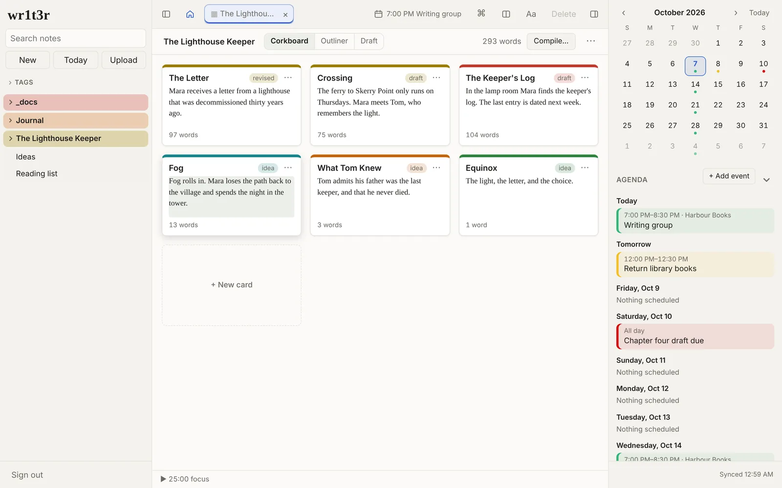Corkboard view of a novel's scenes as index cards with synopses and status labels