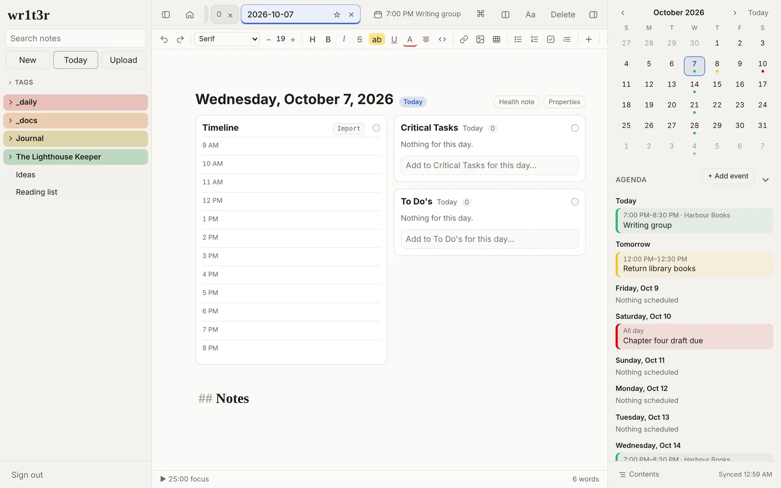 Today's note with a planner showing a timeline, critical tasks and a to-do list
